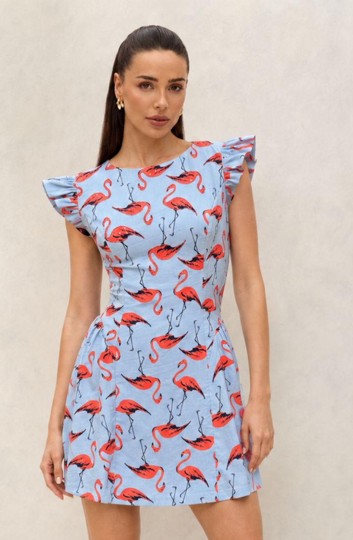 Flamingo Print Embroidered Dress