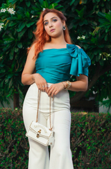 ANCHAL BHARDWAJ in Turquoise Blue One-Shoulder Crop Top