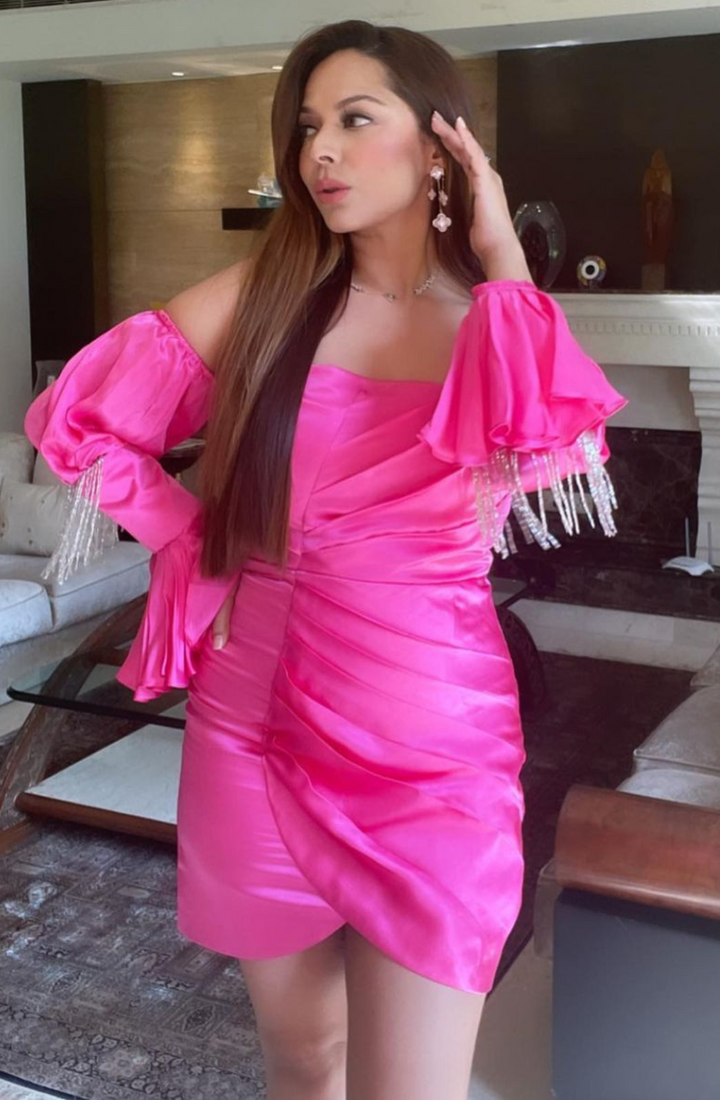 CHANDNI GIRDHAR in Ruby Pink Strapless Fringe Dress