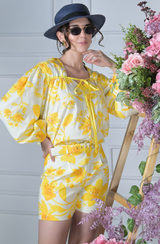 Yellow Linen Printed Shorts Set