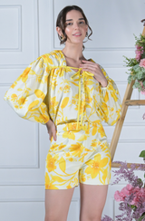 Yellow Linen Printed Shorts Set