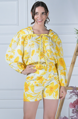 Yellow Linen Printed Shorts Set