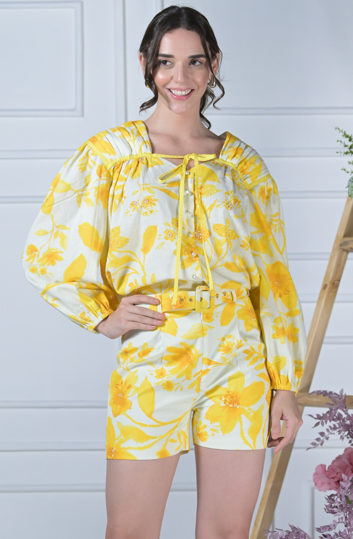 Yellow Linen Printed Shorts Set