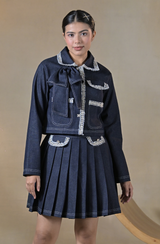 Blue Denim Boucle Trim Skirt Set