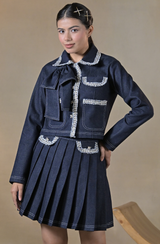 Blue Denim Boucle Trim Skirt Set