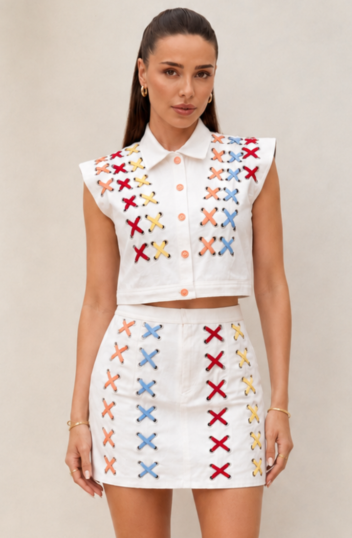 White Cross Stitch Skirt Set