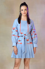 Flamingo Print Pleated Dress