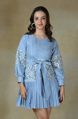 White Blue Pleated Dress