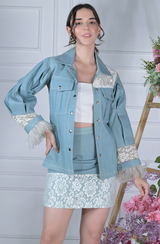 Denim Lace & Feather Skirt Set