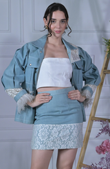Denim Lace & Feather Skirt Set