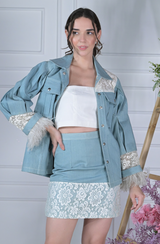 Denim Lace & Feather Skirt Set