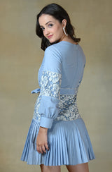 White Blue Pleated Dress