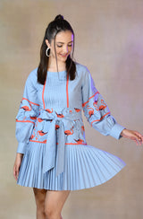 Flamingo Print Pleated Dress
