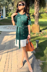 Aaina Khanna in Green Tweed Pleated Hem Dress