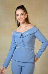 Dark Pastel Blue Embroidered Co Ord Set