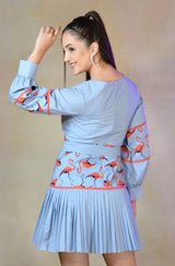 Flamingo Print Pleated Dress