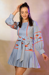 Flamingo Print Pleated Dress