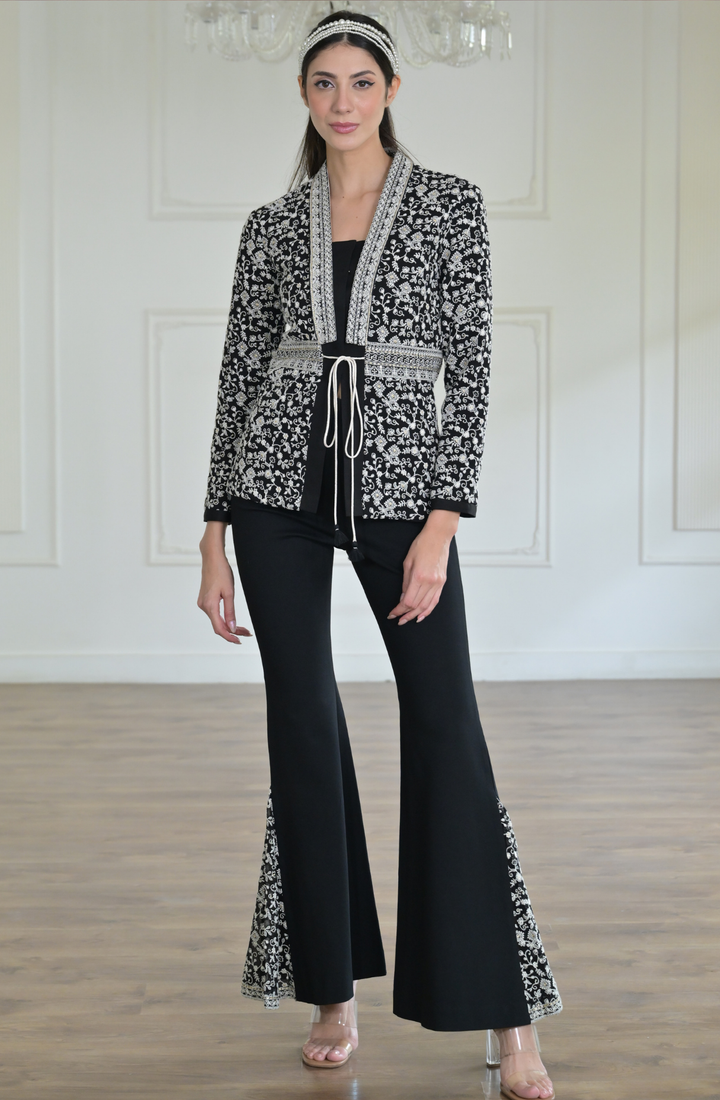 Black & White Embroidered Belted Jacket Set