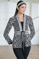 Black & White Embroidered Belted Jacket Set