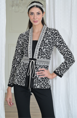 Black & White Embroidered Belted Jacket Set