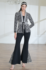 Black & White Embroidered Belted Jacket Set