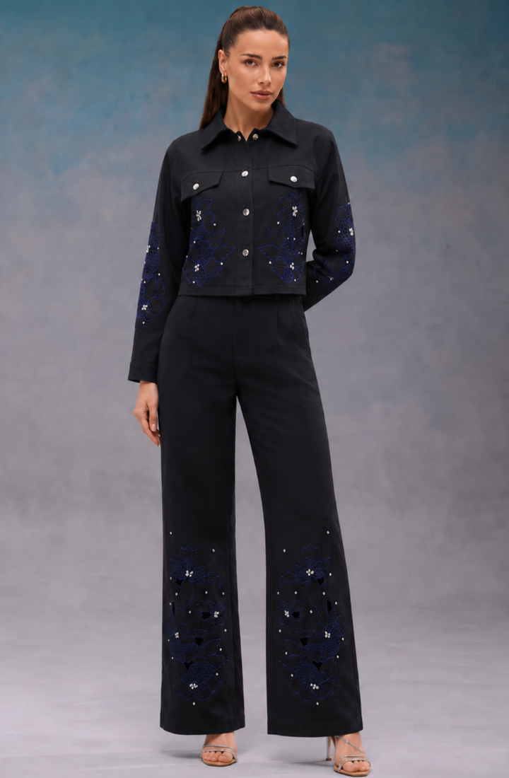 Electric Blue & Black Floral Cutwork Set