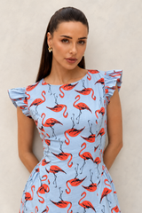 Flamingo Print Embroidered Dress