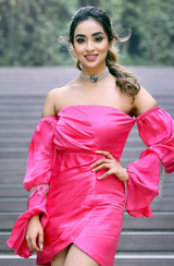 Musskan Sethi in Ruby Pink Strapless Fringe Dress