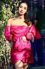Musskan Sethi in Ruby Pink Strapless Fringe Dress