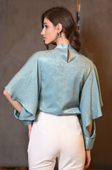 Green Embroidered Top With Frill Sleeves