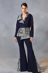 Blue Asymmetrical Drape Blazer Pant Set