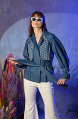 Denim Embroidered Jacket With Belt