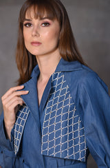 Denim Embroidered Jacket With Belt