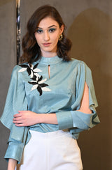 Green Embroidered Top With Frill Sleeves