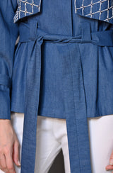 Denim Embroidered Jacket With Belt