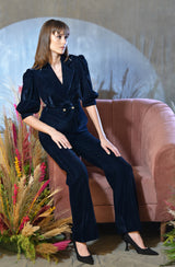 Dark Blue Velvet Blazer Pant Set