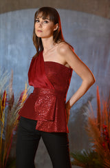Red Sequin & Organza Drape Top