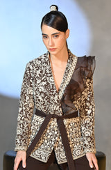 Brown Embroidered Blazer Pant Set