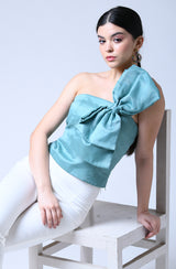 Blue Strapless Bow Top