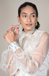 White Embroidered Organza Shirt With Bow