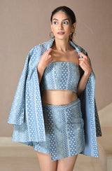 Polka Print Denim Blazer Skorts Set