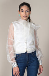 White Embroidered Organza Shirt With Bow