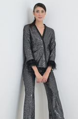 Black Sequin Feather Blazer Pant Set