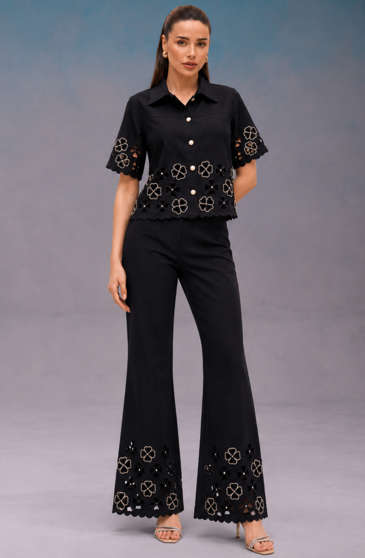 Black Floral Cutwork Co Ord Set