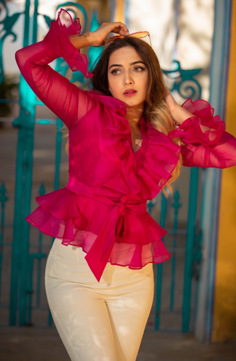 ANCHAL BHARDWAJ  in Magenta Pink Ruffle Top