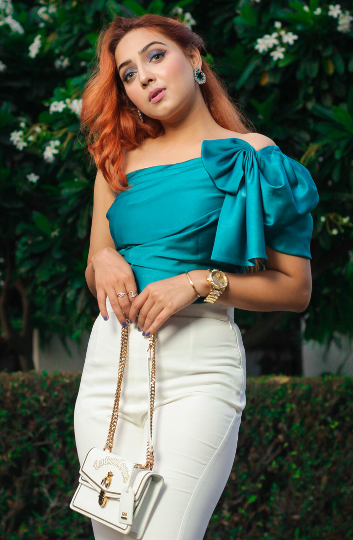 ANCHAL BHARDWAJ  in Turquoise Blue One-Shoulder Crop Top