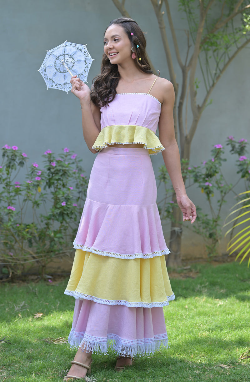 Yellow & Pink Linen Skirt Set