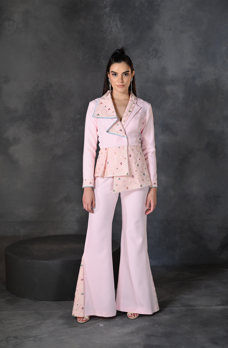 Pink Asymmetrical Drape Blazer Pant Set