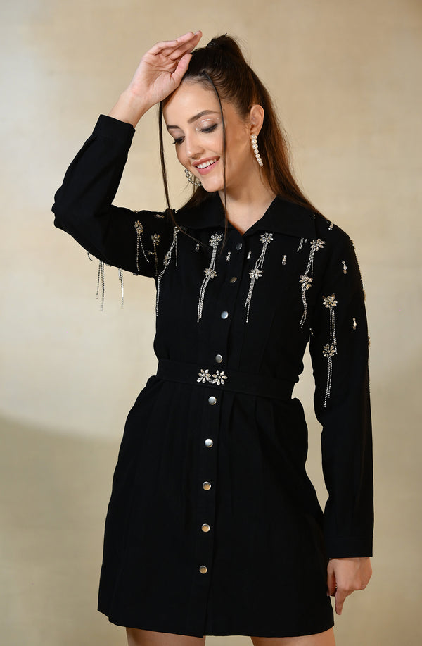Black Denim Embroidered Dress