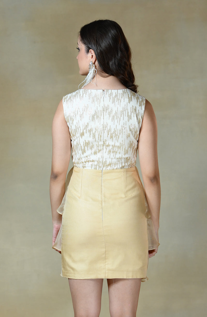 White & Golden Embroidered Frill Dress